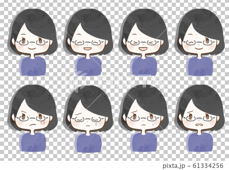 女性セット ボブ 黒髪 メガネのイラスト素材